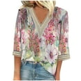thumbnail image 1 of Women's Vintage Spring Elegant Shirts Fashion Summer Clothes Tie Dye Floral Print Lace V Neck Blouse 3/4 Sleeve Tunic Tops Loose Fit Flowy Y2K Tops Dressy Casual Multicolor T Shirts XXXXL, 1 of 5