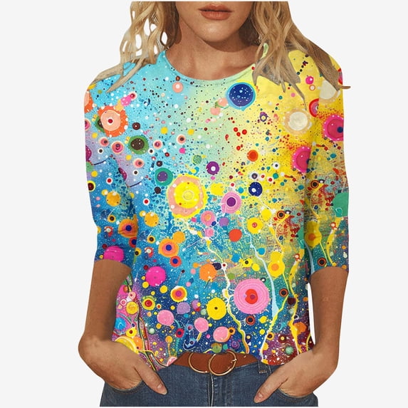 Women's Vintage Spring Elegant Shirts Gradient Floral Print Shirts Fashion 3/4 Sleeve Loose Fit Flowy Tunic Tops Round Neck Blouse Dressy Casual Tops Summer Clothes Light Blue T Shirts XXXL