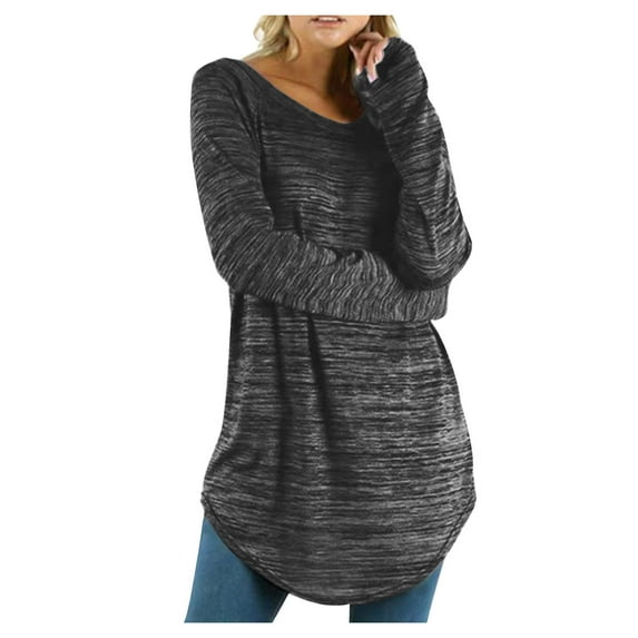 Women's Vintage Spring Elegant Shirts Round Neck Blouse Y2K Tops Dressy Casual Long Sleeve Tunic Tops for Lady Loose Fit Flowy Solid Color Fashion 2024 Summer Clothes for Teen Girls Black T Shirts S