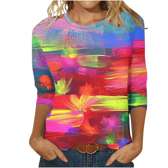 Women's Vintage Spring Elegant Shirts Tie Dye Ombre Round Neck Blouse Summer Clothes for Teen Girls 3/4 Sleeve Loose Fit Flowy Tunic Tops Fashion 2024 Dressy Casual Tops Multicolor T Shirts XXL