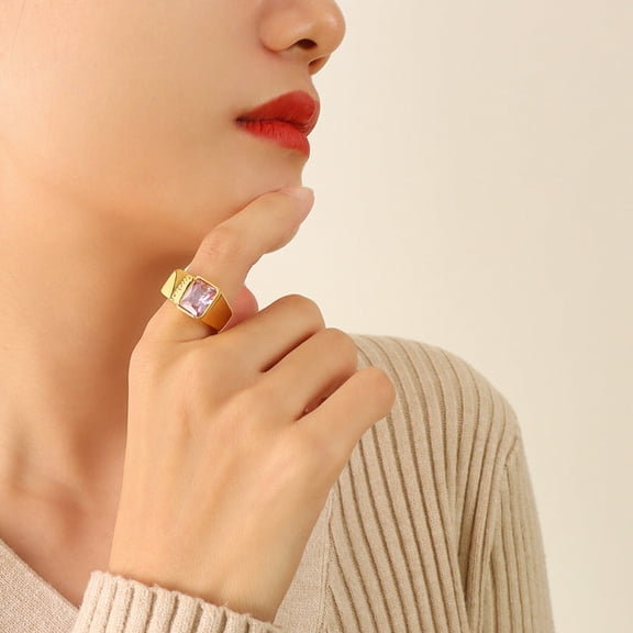 Women's Vintage Stainless Steel Ring with Inlaid Zircon, 18K Gold Plated, Geometric, Bohemian, Retro, Ins Style