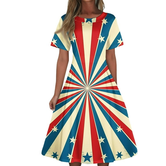 Women's Vintage Stars & Stripes Midi Dress, Short Sleeve A-Line Summer Casual Outfit with Zipper for 4th of July Independence Day,Green M