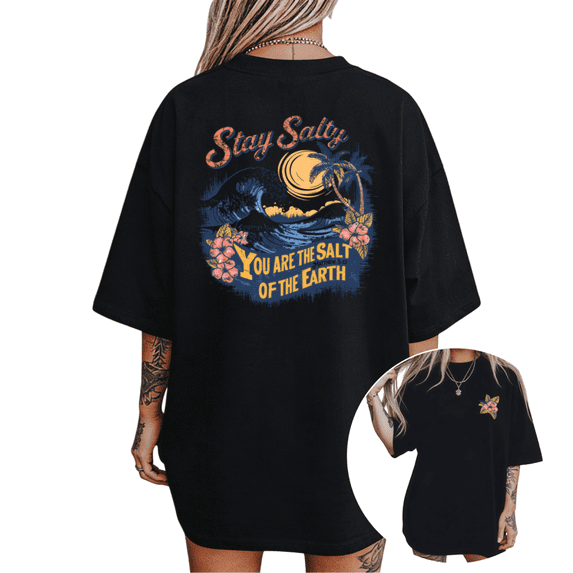 Women's Vintage "Stay Salty" Beach Wave Palm Tree Graphic T Shirt Tropical Summer Coastal Print Short Sleeve Round Neck Top Black S-5XL