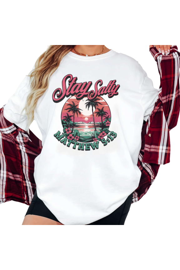 Women's Vintage "Stay Salty Matthew 5:13" Retro Beach Sunset Palm Tree Graphic T Shirt Short Sleeve Round Neck Top White S-5XL