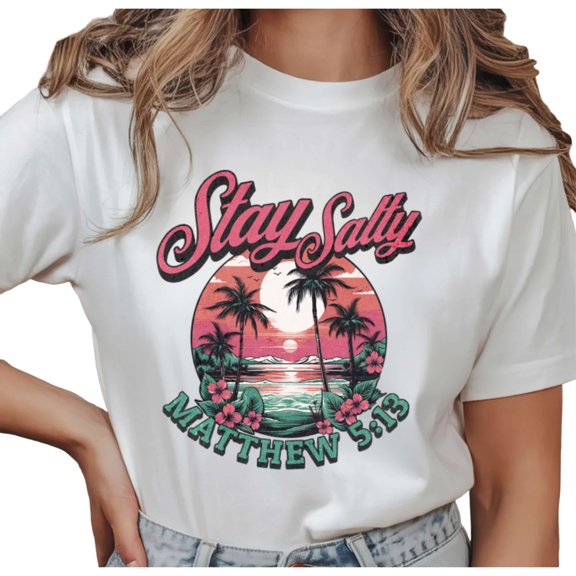 Women's Vintage "Stay Salty Matthew 5:13" Retro Beach Sunset Palm Tree Graphic T Shirt Short Sleeve Round Neck Top White S-5XL