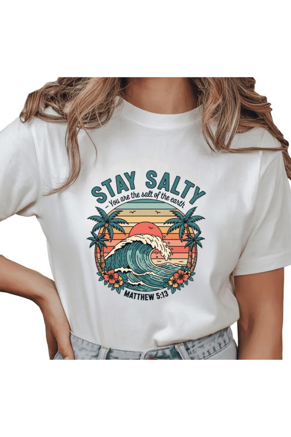 Women's Vintage "Stay Salty You Are The Salt Of The Earth" Beach Wave Sunset Graphic T Shirt Short Sleeve Round Neck Top White S-5XL