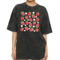 thumbnail image 1 of Women's Vintage Strawberry & Daisy Graphic Breathable Washed T Shirt Comfortable Black S-2XL Plus Size, 1 of 5