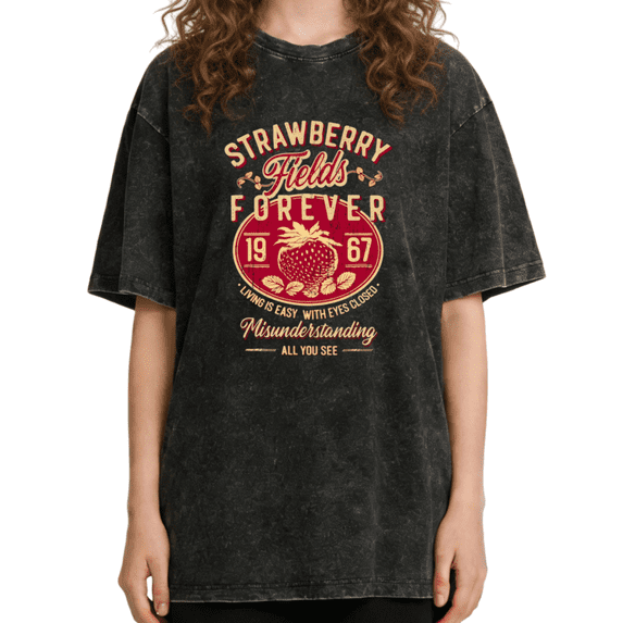 Women's Vintage "Strawberry Fields Forever 1967" Retro Strawberry Graphic Casual Washed Tee Black S-2XL Plus Size