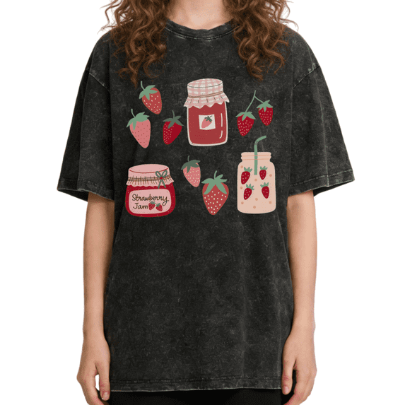 Women's Vintage Strawberry Jam & Smoothie Jar Graphic Comfortable Crew Neck Washed T Shirt Black S-2XL Plus Size
