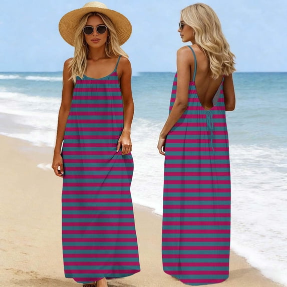 Women's Vintage Striped Maxi Dress Backless Spaghetti Strap A-Line Sundress Horizontal Striped Print Flowy Summer Beach Vacation Party Night Long Dress