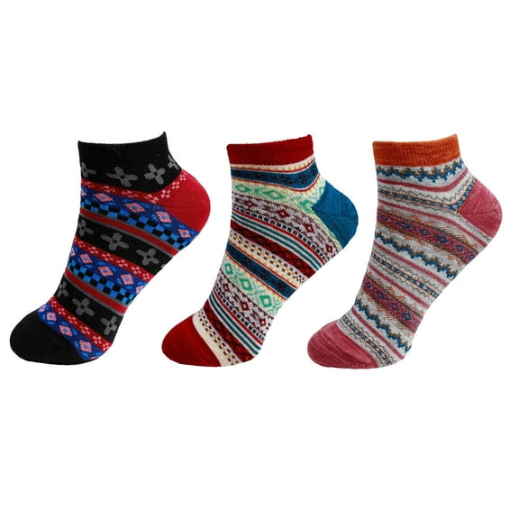 BambooMN Women's Vintage Style Knitted Colorful Cotton Anklet Socks - Assortment 3D Regular - 3 Pairs