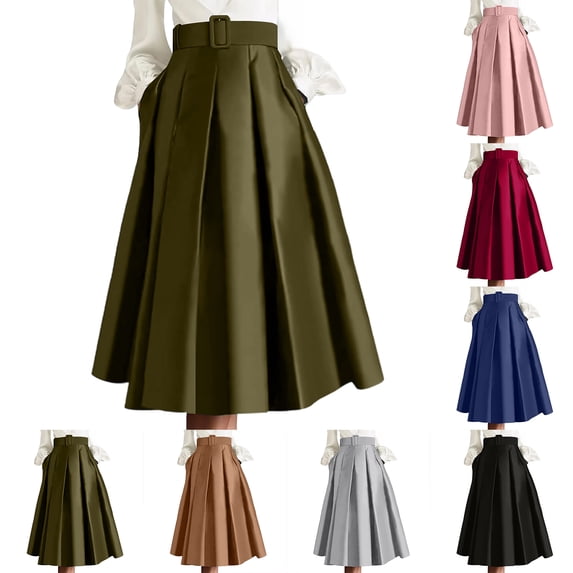 Women's Vintage Style Midi Skirt with Hidden Side Pockets and Flared Hem, Soft Stretch Fabric for All Day Comfort Black L
