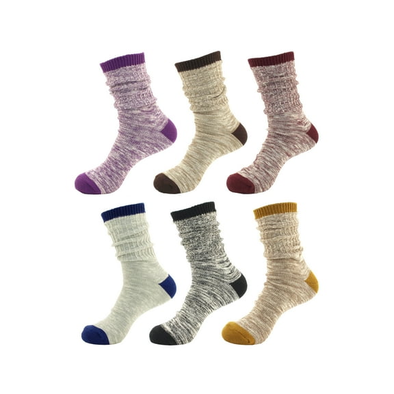Women's Vintage Style Slouch Boot Cotton Fall Winter Crew Socks - 6 Pairs (Asst A)