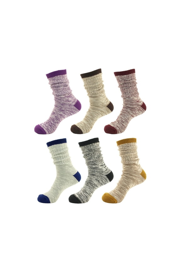 Women's Vintage Style Slouch Boot Cotton Fall Winter Crew Socks - 6 Pairs (Asst A)