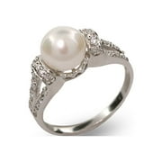 EVE'S ADDICTION Women's Vintage Style Sterling Silver 5mm Round Pearl Ring w/ Czs, Ring Sizes 8