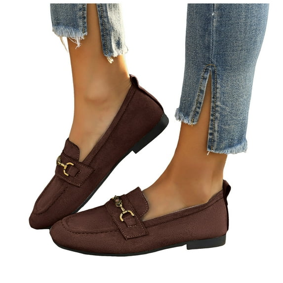 Women's Vintage Suede Ballet Flat Shoes Chunky Low Heel Slip On Loafers Square Toe Non Slip Dress Shoes with Metal Chain Brown Size 6