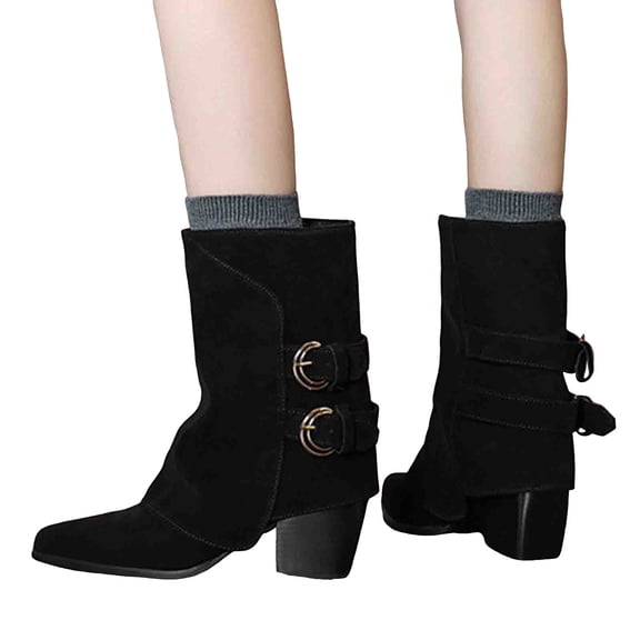 Women's Vintage Suede Buckle Strap Mid Calf Boots Wide Calf Pointed Toe Slip On Ankle Boots Chunky Low Heel Slouchy Fall Boots Black Size 7