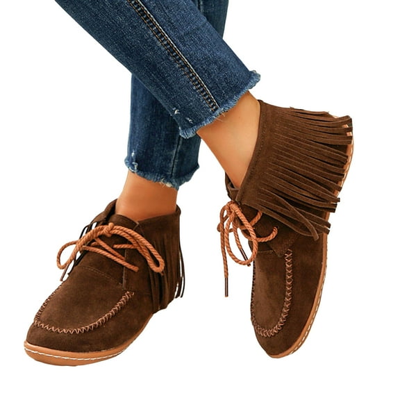 Women's Vintage Suede Fringed Ankle Boots Lightweight Non Slip Casual Tennis Shoes Wide Width Lace Up Short Fall Booties Brown Size 8.5