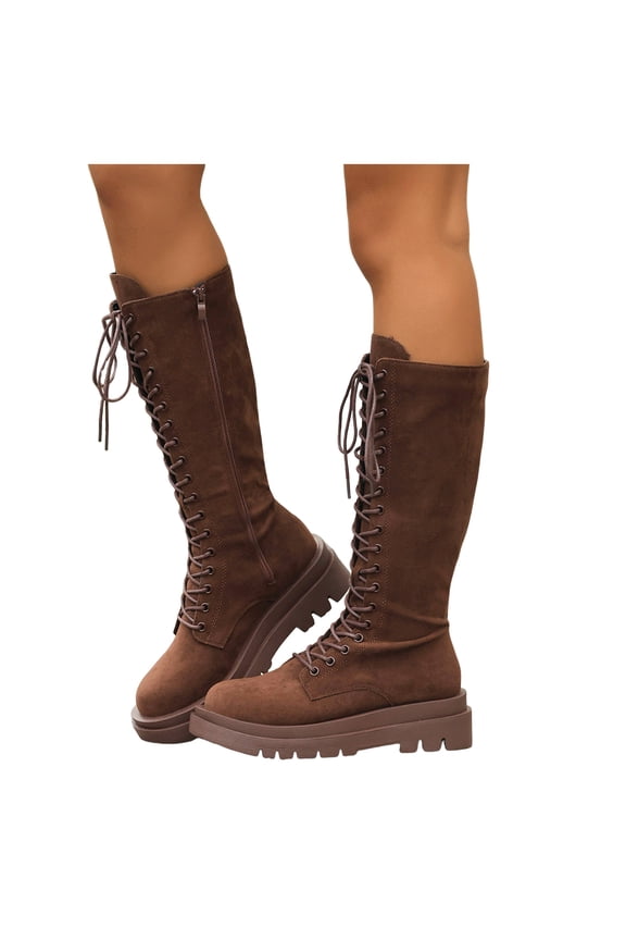 Women's Vintage Suede Knee High Combat Boots Lace Up Comfortable Platform Round Toe Knee Length Riding Booties Brown Size 8.5