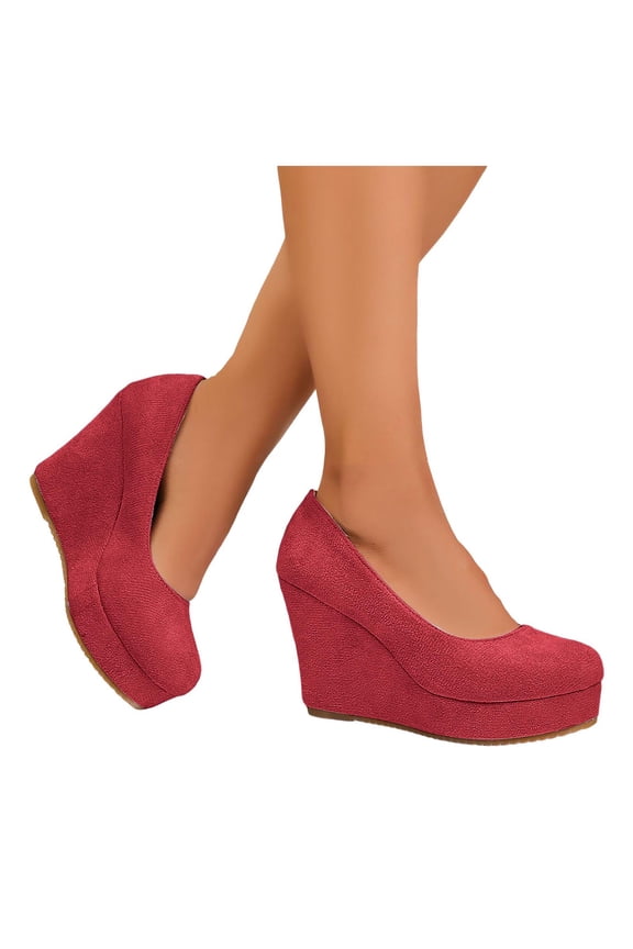 Women's Vintage Suede Wedge Platform Pumps Close Toe Casual Slip On Comfortable Chunky Heel Dress Shoes Red Size 7.5
