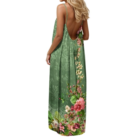 Women's Vintage Summer Maxi Dress Spaghetti Strap Sleeveless Small Floral Ditsy Print Loose Fit Flowy Long Dress Casual Beach Vacation Daily Wear Sun Dress
