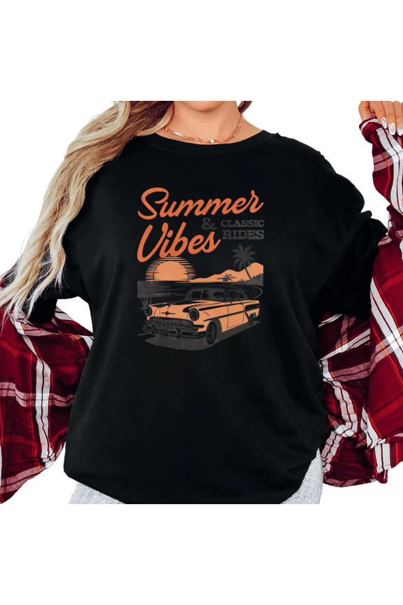 Women's Vintage "Summer Vibes & Classic Rides" Retro Car Beach Graphic Breathable T Shirt Short Sleeve Round Neck Top Black S-5XL