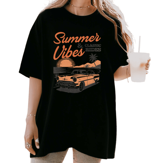 Women's Vintage "Summer Vibes & Classic Rides" Retro Car Beach Graphic Breathable T Shirt Short Sleeve Round Neck Top Black S-5XL