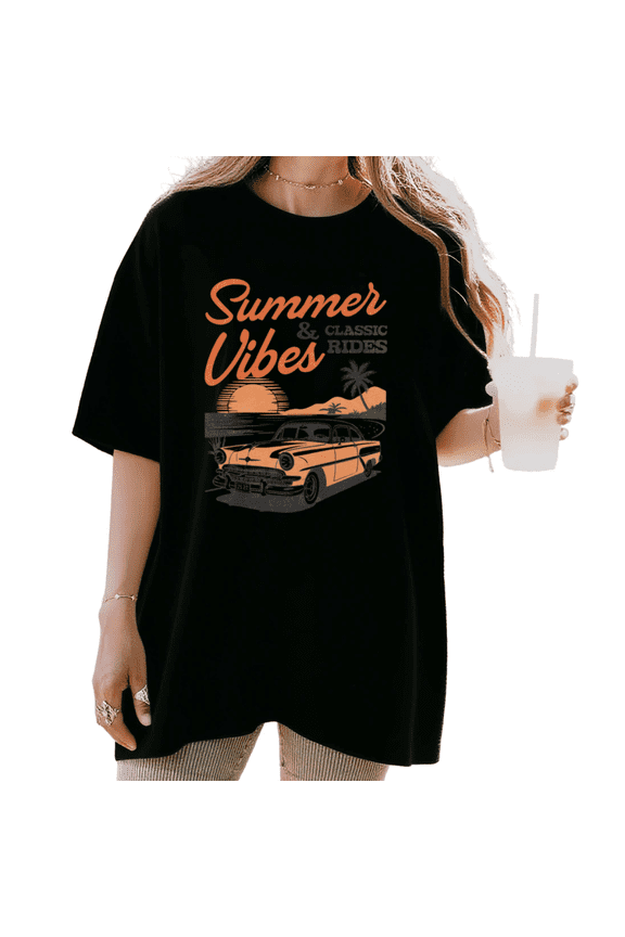 Women's Vintage "Summer Vibes & Classic Rides" Retro Car Beach Graphic Breathable T Shirt Short Sleeve Round Neck Top Black S-5XL