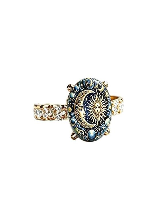 Women's Vintage Sun & Moon Pattern Ring, Carved Textured Fashion Ring, Hypoallergenic Skin-Friendly Casual Jewelry, Ideal Daily Wear & Holiday Gift for Friends and Family
