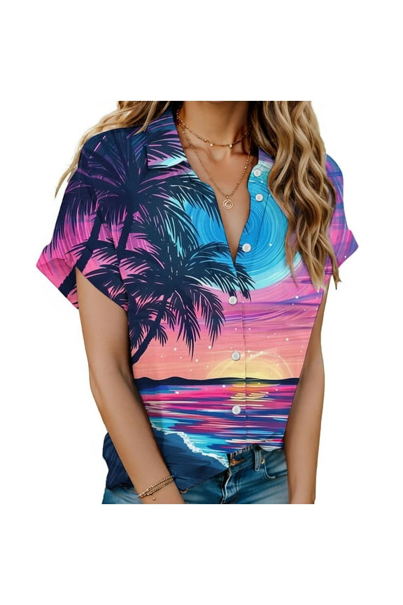 Women's Vintage Sunset Print Blouse for Beach Fashion Hawaii Shirts for Travel Dressy Casual Tops Short Sleeve Loose Fit Flowy Tunic Tops Summer Clothes Button Down Collared Blue T Shirts XL