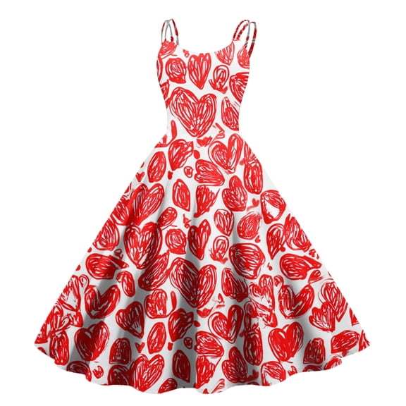 Women's Vintage Swing Dress A Line Sleeveless Heart Printed Dresses Party Costume Deep Red S