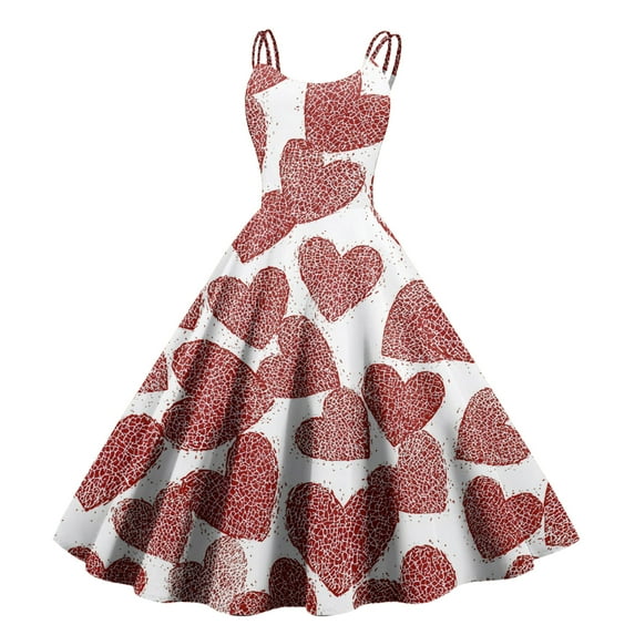 Women's Vintage Swing Dress A Line Sleeveless Heart Printed Dresses Party Costume Vermilion 2XL