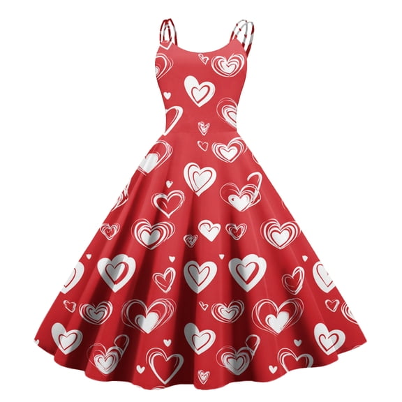 Women's Vintage Swing Dress A Line Sleeveless Heart Printed Dresses Party Costume Watermelon Red M