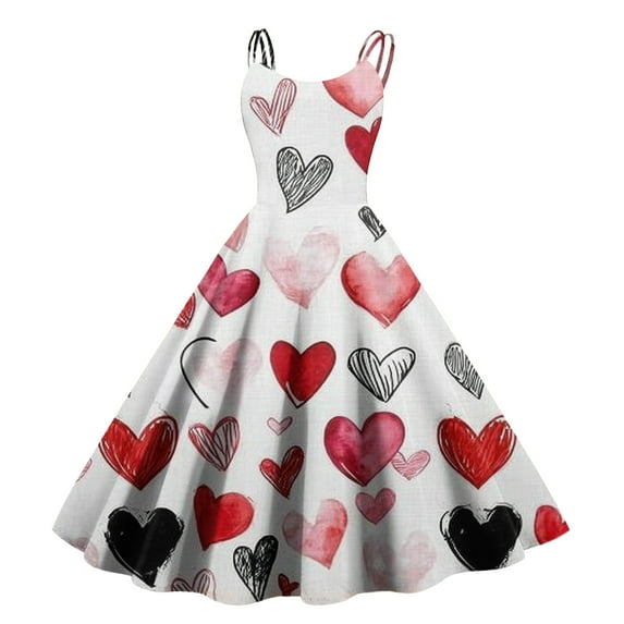 Women's Vintage Swing Dress A Line Sleeveless Heart Printed Wedding Guest Party Dresses Hot Pink L
