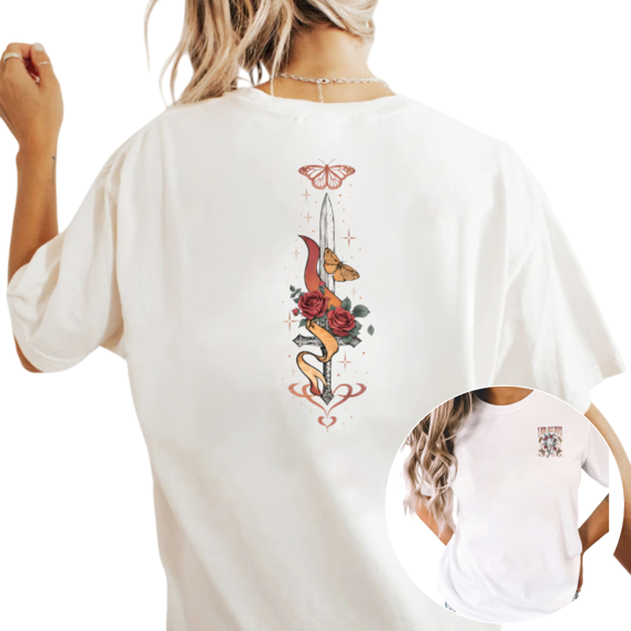 Women's Vintage Sword Rose Butterfly Graphic T Shirt Fantasy Romance Floral Print Casual Short Sleeve Round Neck Top White S-5XL