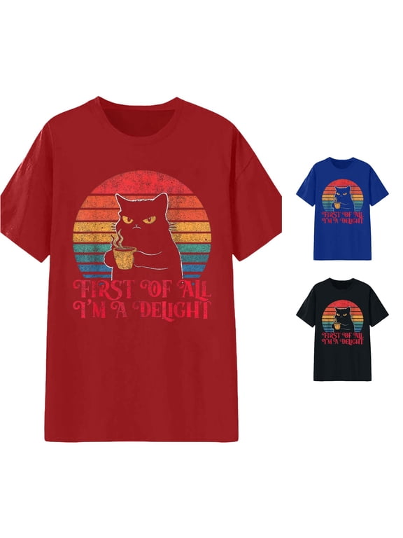Women's Vintage T‑Shirt Grumpy Cat Coffee Sunset Graphic Crew Neck Short Sleeve Tee Casual Streetwear Top