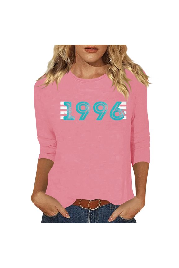 Women's Vintage T Shirts 1996 Graphic Print Birthday Tees Crew Neck 3/4 Sleeve Casual Loose Pullover Tops (XXL, Pink)