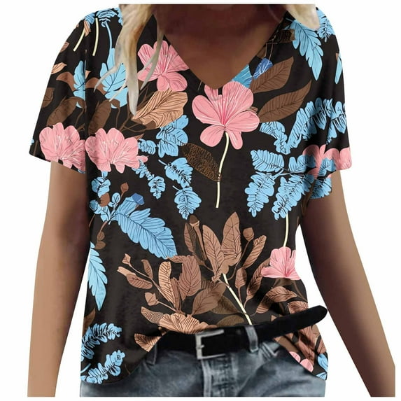 Women's Vintage T Shirts V Neck Printed Shirts Short Sleeves Loose Fit Tunic Tops Summer Casual Top Clearance V Neck Top Plus Size