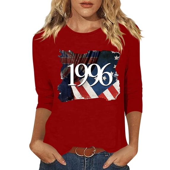 Women's Vintage Tees Crew Neck 3/4 Sleeve 1996 Graphic Print Blouse Casual Loose Comfy Pullover Tops (M, Red)