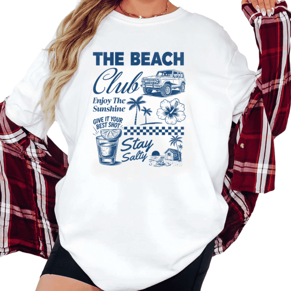 Women's Vintage "The Beach Club" Stay Salty Retro Collage Graphic Comfortable T Shirt Short Sleeve Round Neck Top White S-5XL