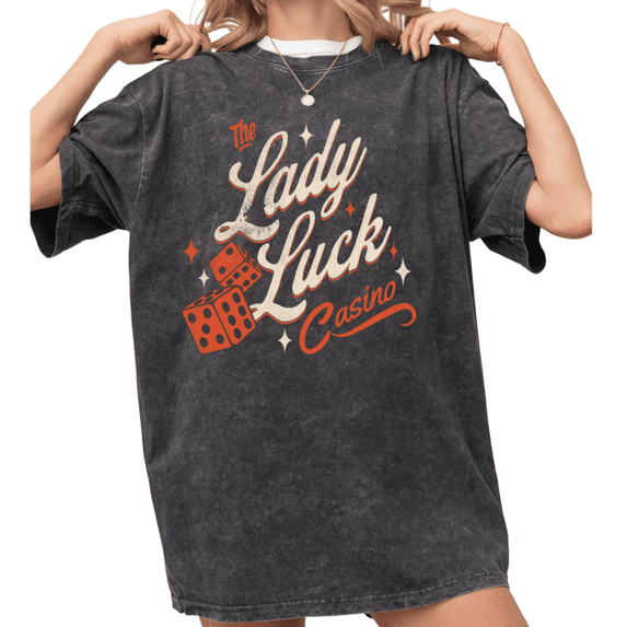 Women's Vintage The Lady Luck Casino Retro Dice Graphic Washed T Shirt Casual Black S-2XL Plus Size