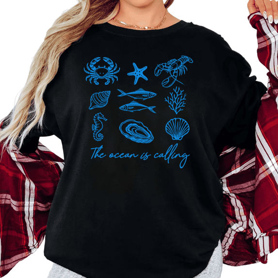 Women's Vintage "The Ocean Is Calling" Blue Marine Life Collage Graphic Breathable T Shirt Short Sleeve Round Neck Top Black S-5XL