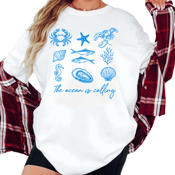 Women's Vintage "The Ocean Is Calling" Blue Marine Life Collage Graphic Breathable T Shirt Short Sleeve Round Neck Top White S-5XL