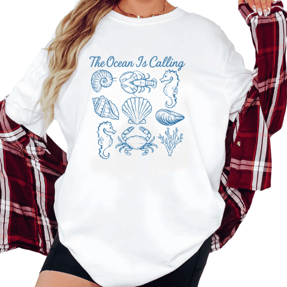 Women's Vintage "The Ocean Is Calling" Marine Life Graphic T Shirt Beach Ocean Lover Casual Short Sleeve Round Neck Top White S-5XL