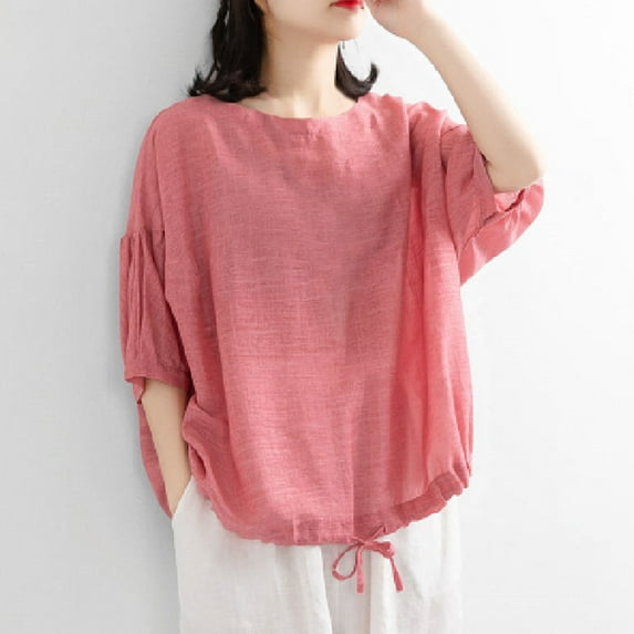 Women's Vintage Top, Casual Short Sleeve Blouse with Round Neck and Tied Hem, Cotton Linen Shirt for Casual Wear