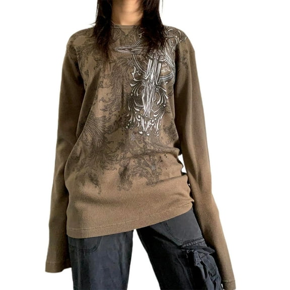 Women's Vintage Tops Gothic Long Sleeve Cross Print Loose T-Shirts Streetwear Grunge Tops