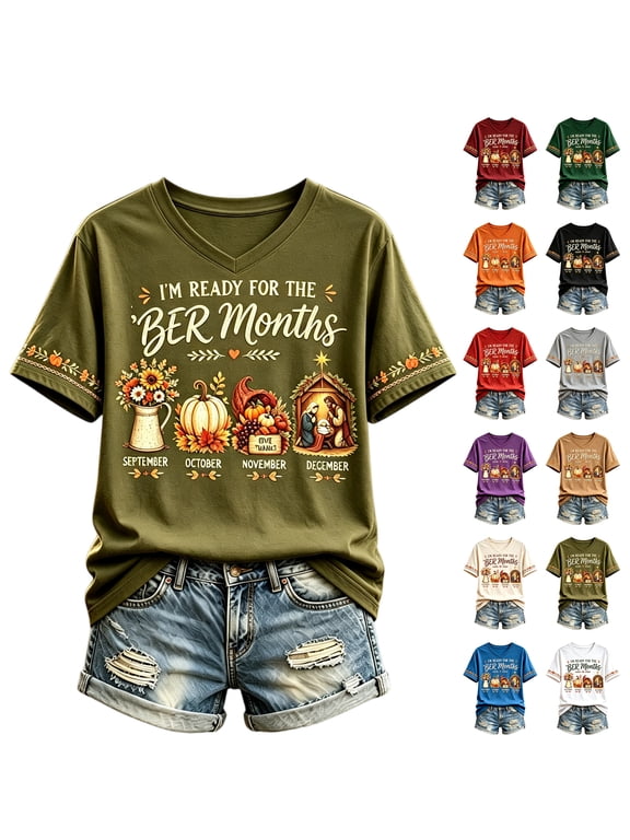 Women's Vintage Tops I'm Ready for The BER Months Print V Neck T-Shirt Fall Halloween Thanksgiving Christmas Holiday Seasonal Funny Graphic Short-Sleeved Fall Tshirts