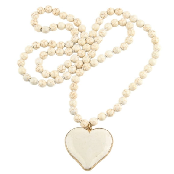 Women's Vintage Turquoise Beaded Necklace Heart Pendant Ethnic Styles Neckchain Long Sweater Chain Jewelry