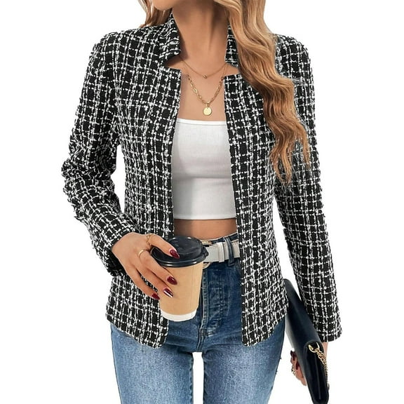 Women's Vintage Tweed Plaid Blazer Long Sleeve Jacket Notch Open Front Stand Collar Fully Lined Casual Business Trendy Elegant Work Office Coat Cropped Blazer Jacket Plaid Notch Outfits Outwear