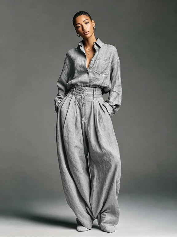 Women's Vintage Two Piece Set - Loose Fit Long Sleeve Button Down Shirt & High Waisted Wide Leg Pants Casual Lounge Outfit